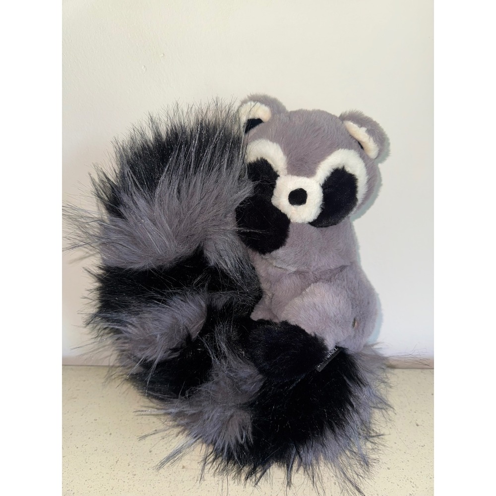 FAO Schwarz Raccoon Plush Stuffed Animal Long Bushy Striped Tail Grey Black
